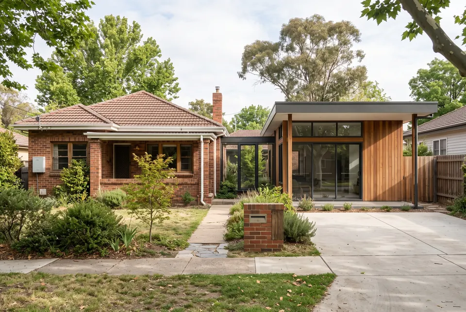1950s Turner brick bungalow with a timber and glass extension joined by a glazed link
