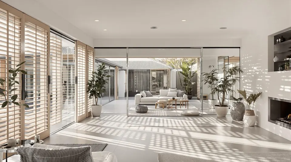 Light-filled living room with external louvres shading north-facing glass