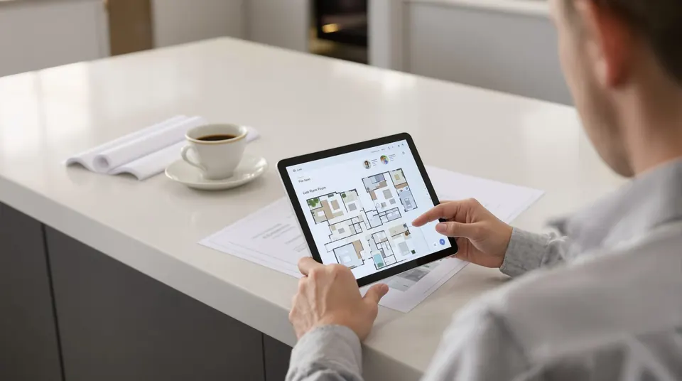 Homeowner reviewing a residential floor plan on a tablet at a kitchen island