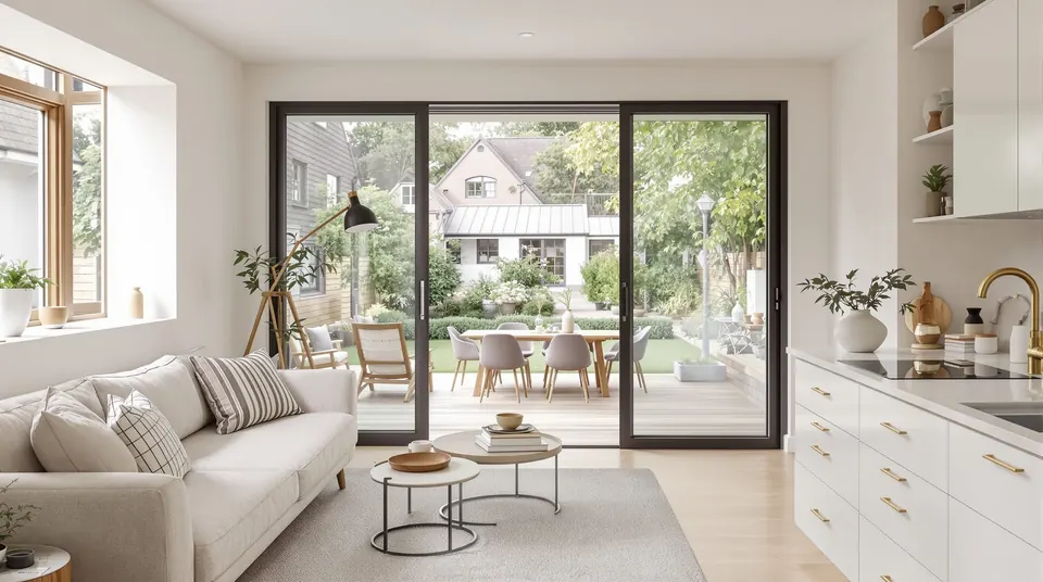 Interior of a modern granny flat looking out to the garden and main house