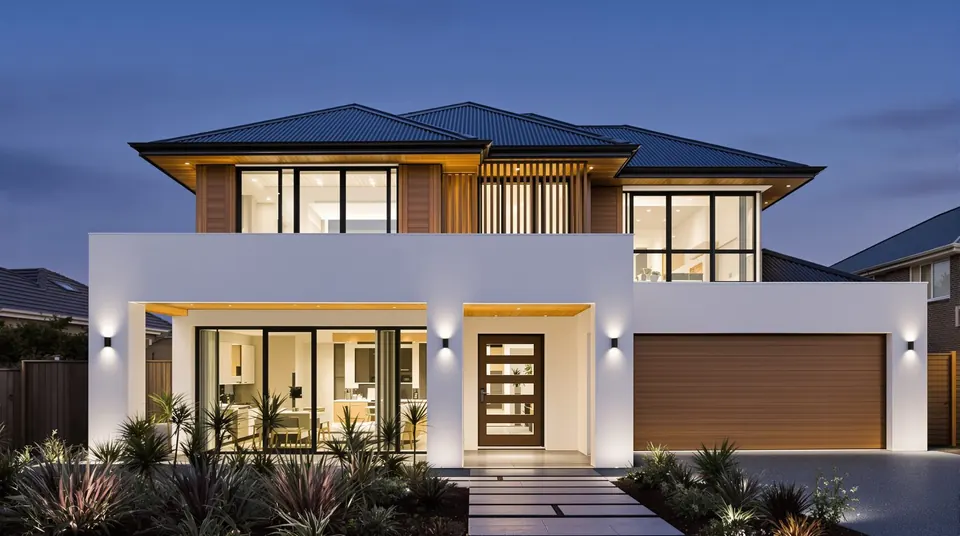 New two-storey family home at dusk on a Sydney suburban block