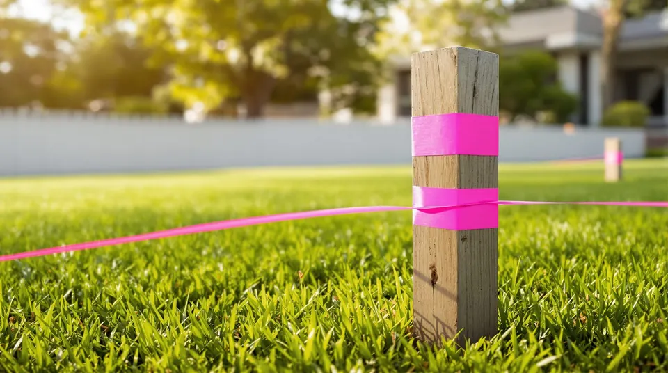 Survey peg with pink flagging tape marking a boundary on a lawn
