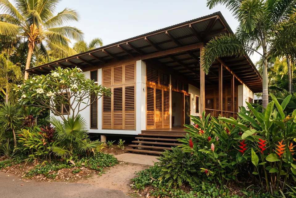 Raised single-storey Nightcliff home with timber louvres and a tropical garden