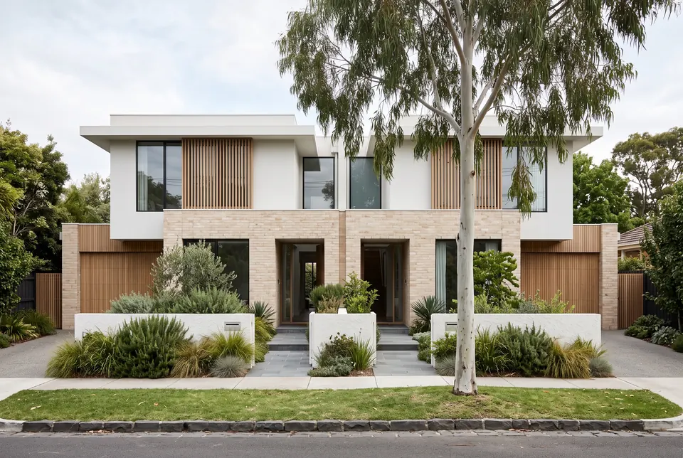 Side-by-side Brighton duplex in pale brick and white render with timber screens
