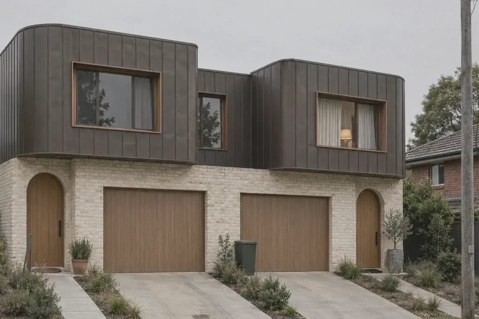 Duplex design for Kellyville: two-storey brick duplex with dark timber-look cladding and arched entries