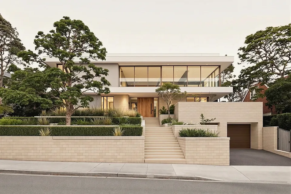 Two-storey Mosman residence with a sandstone base, white render and terraced garden