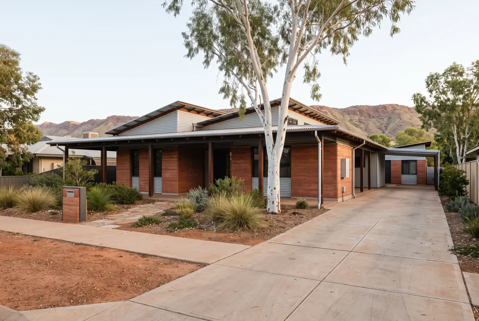Alice Springs rammed-earth home with deep verandas and a granny flat at the rear