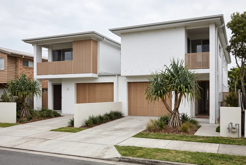 Mermaid Beach duplex in white bagged brick with timber batten balconies and pandanus