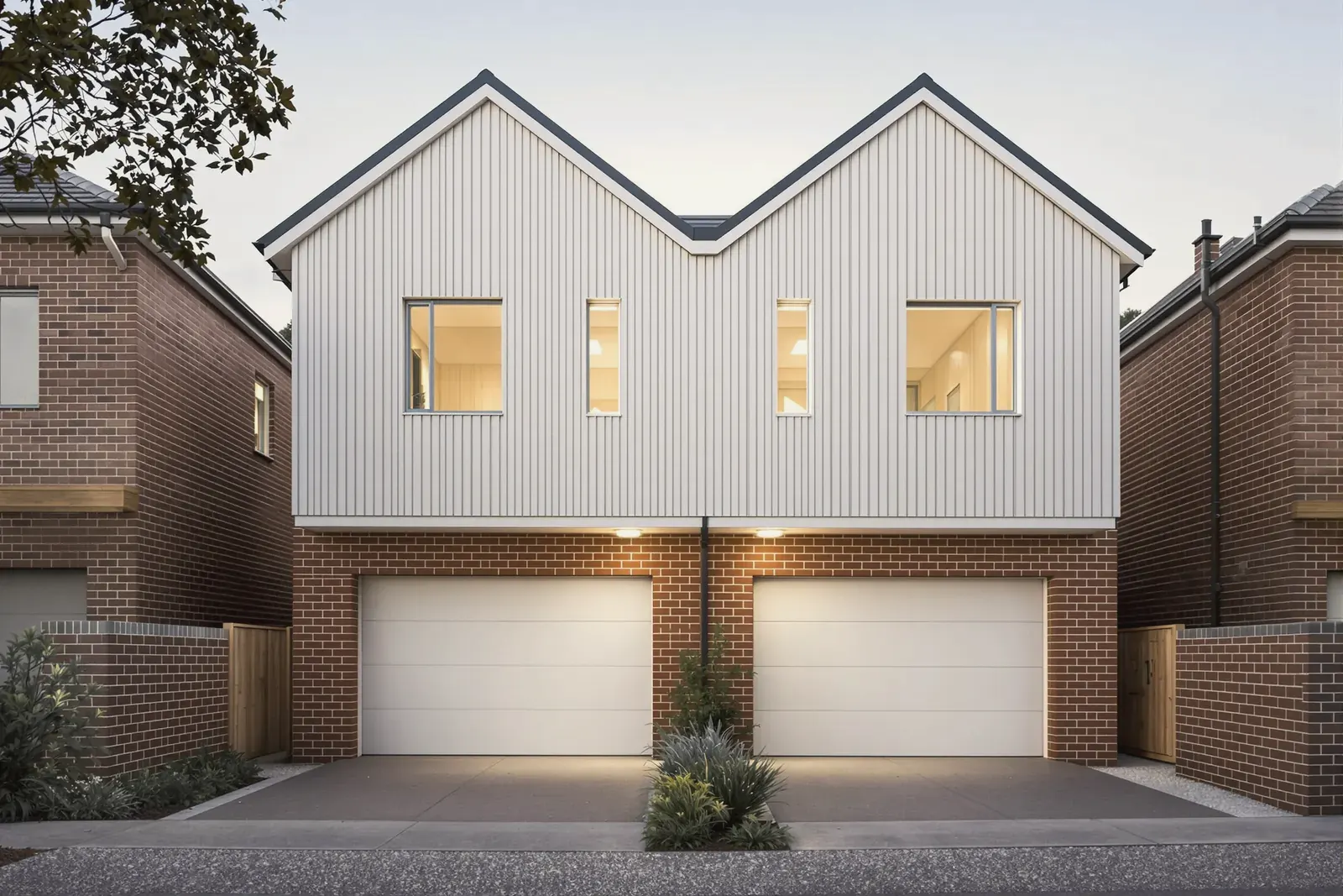 Duplex design for Randwick: side-by-side attached duplex pair with two distinct entries and mirrored layouts