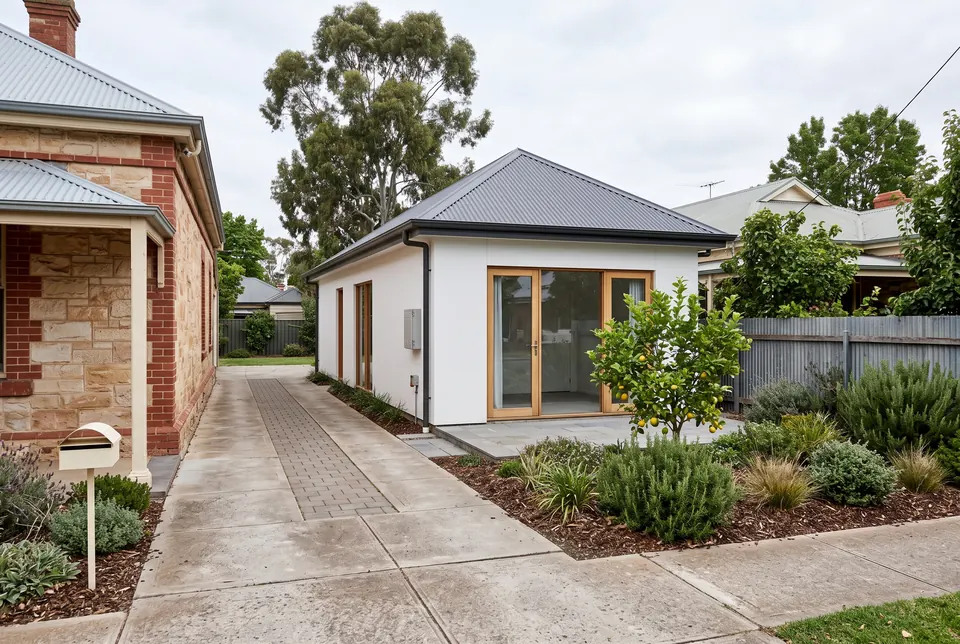 Prospect granny flat in white render behind a sandstone villa