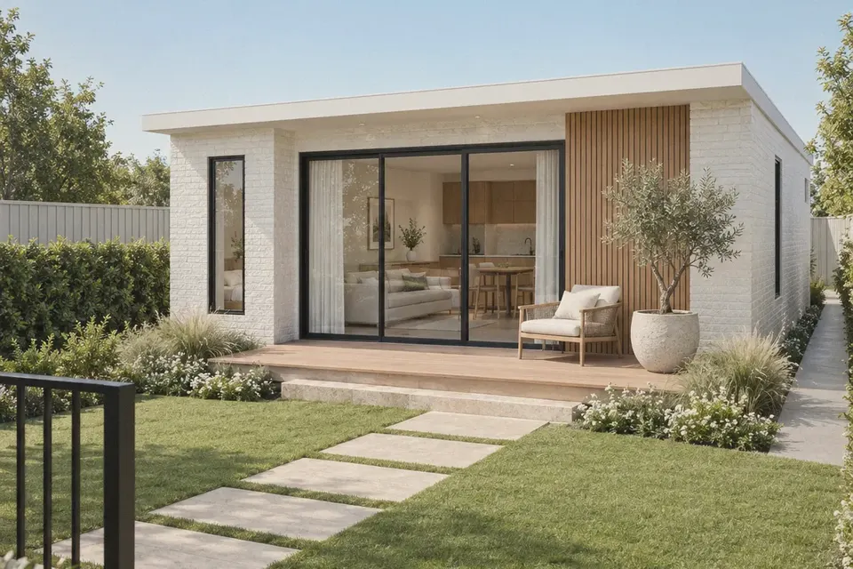 Single-storey granny flat in a back garden