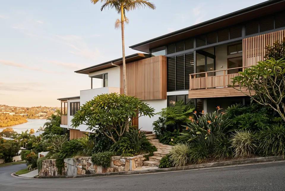 Hillside Hamilton residence with timber battens, louvres and a subtropical garden above the Brisbane River
