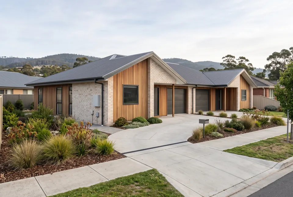 Kingston single-storey duplex in timber and pale brick with hills behind