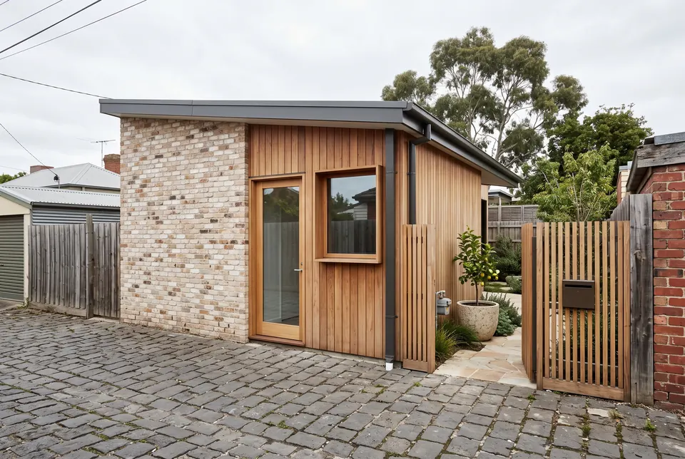 Coburg granny flat in recycled brick and blackbutt facing a bluestone laneway
